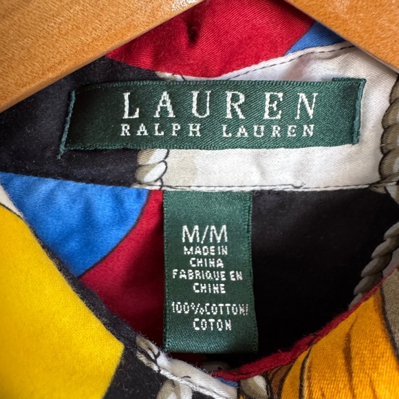 Lauren Ralph Lauren Nautical Sailing Flag Print Button‎ Up Blouse Black Medium - Picture 2 of 15